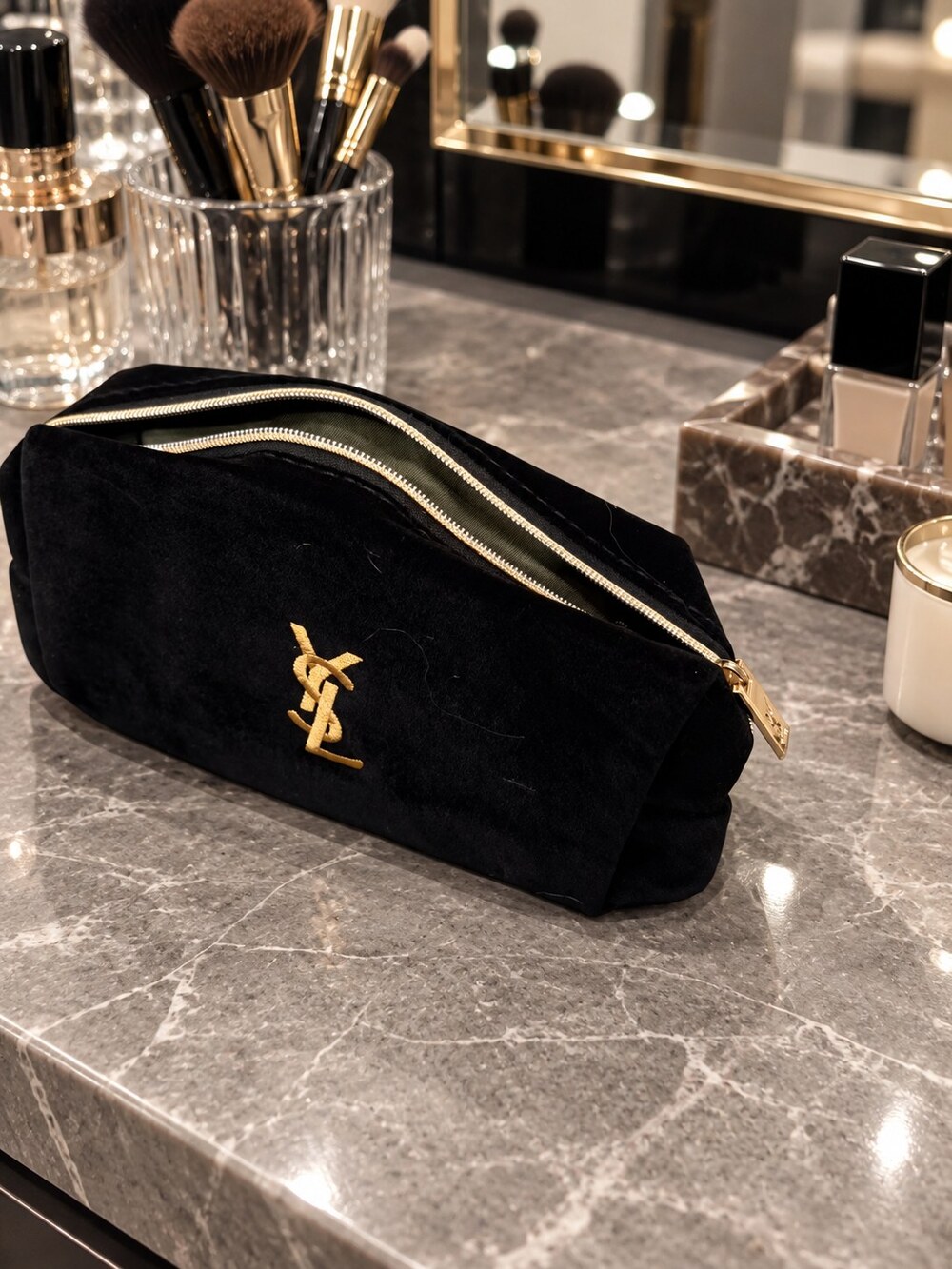 Yves Saint Laurent Black Velvet Makeup Bag | Soft Velvet Texture - Picture 2 of 6